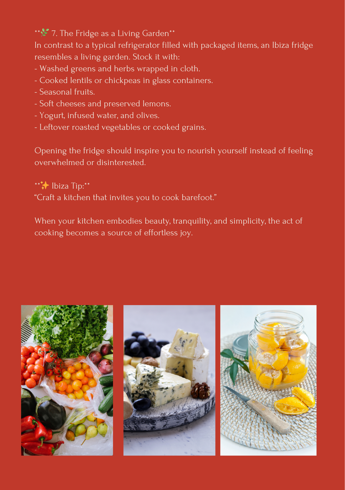 Text on a red background with images of food and kitchen items.