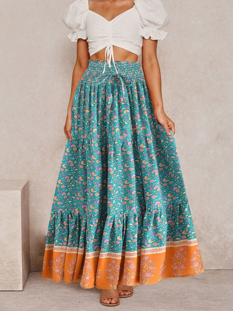 Boho Floral Print Elastic High-waisted Maxi Skirt