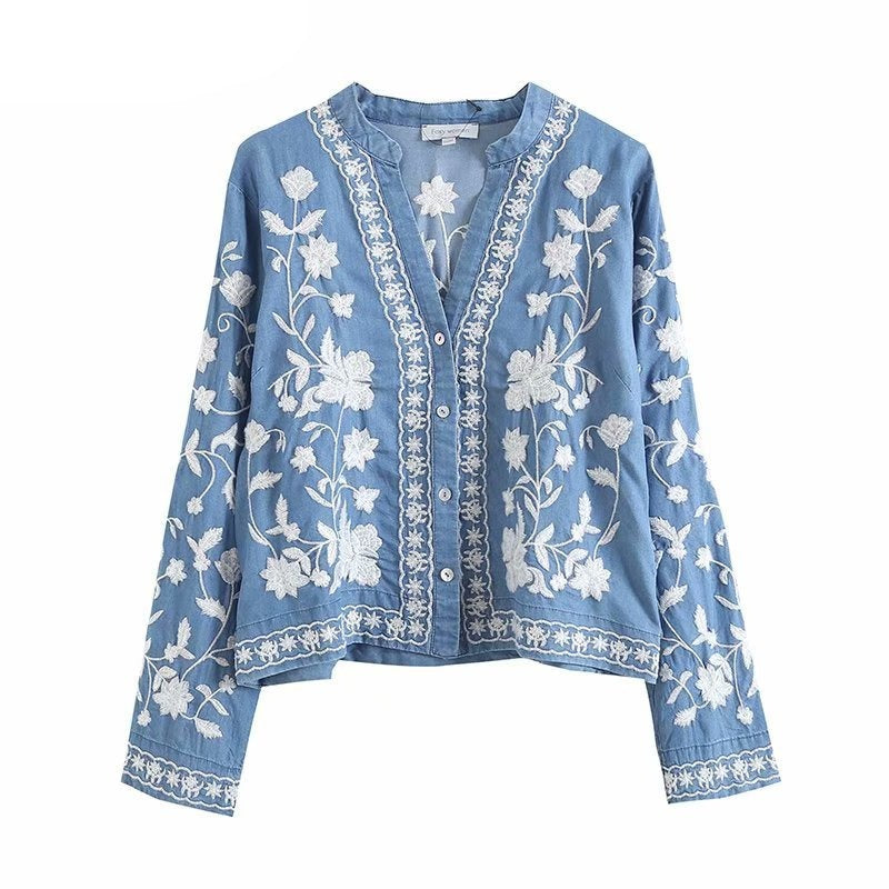 Blue Embroidery Cotton Bohemian Jacket