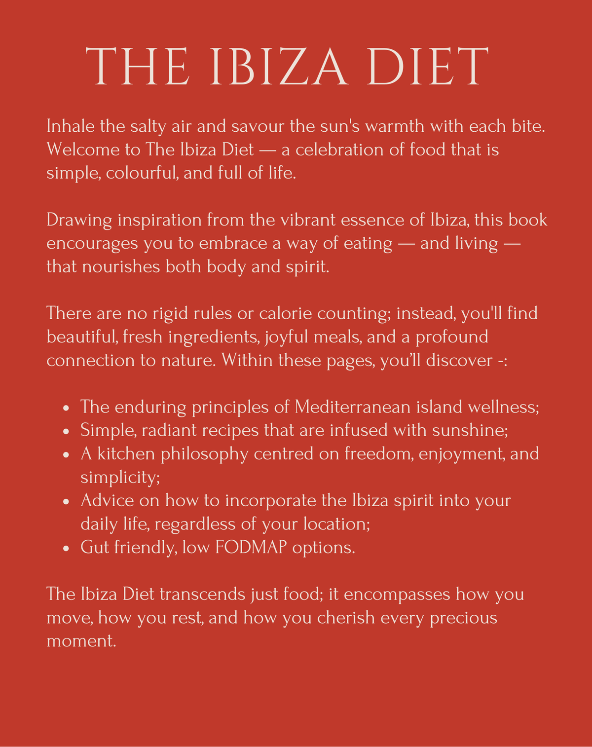 Promotional text for 'The Ibiza Diet' on a red background