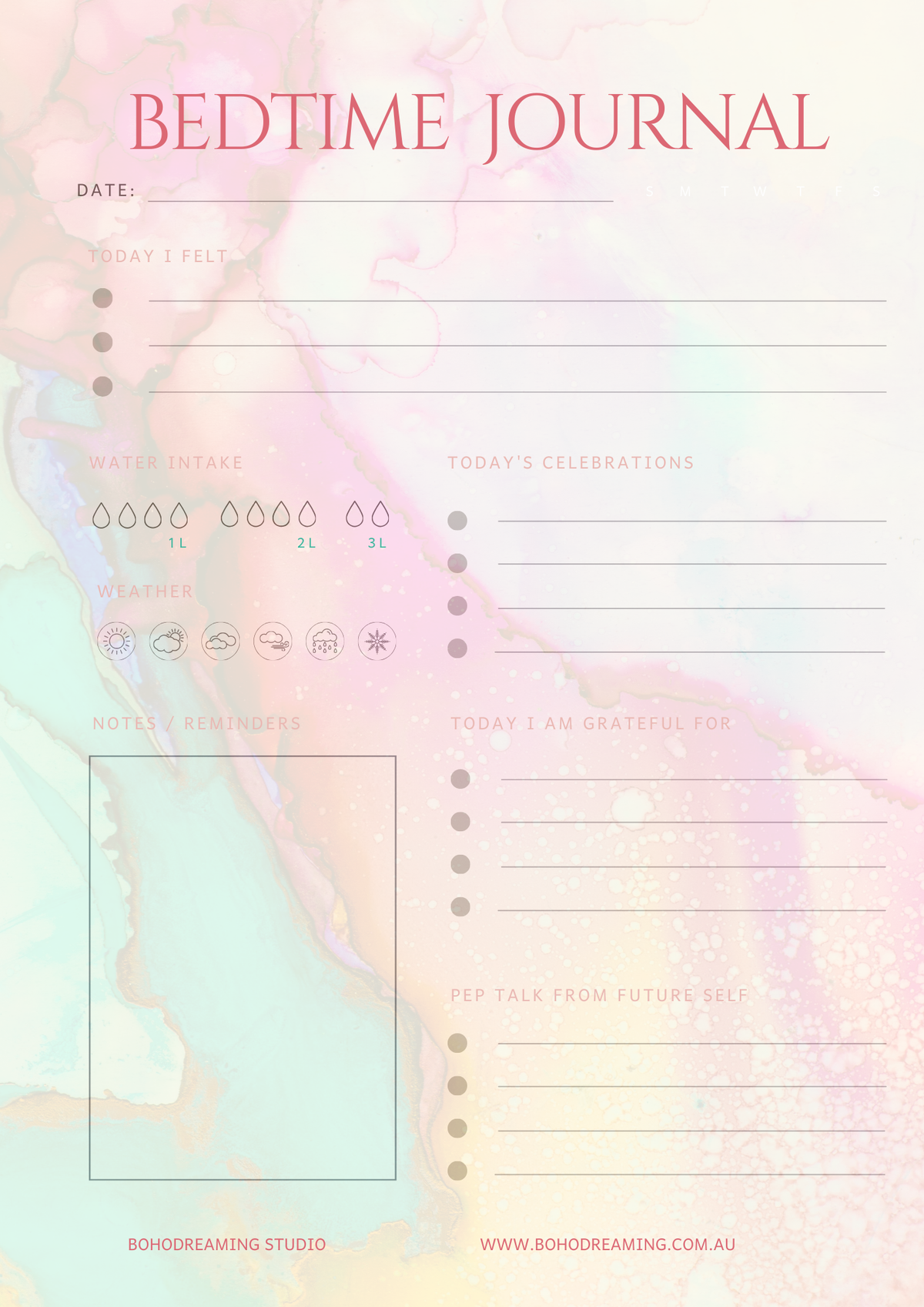 Bedtime journal with pastel abstract design and text