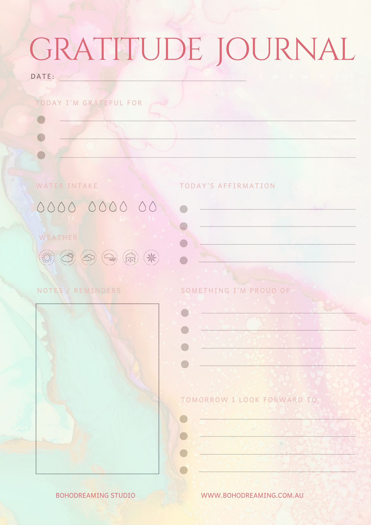 Gratitude journal with pastel gradient design and text fields.