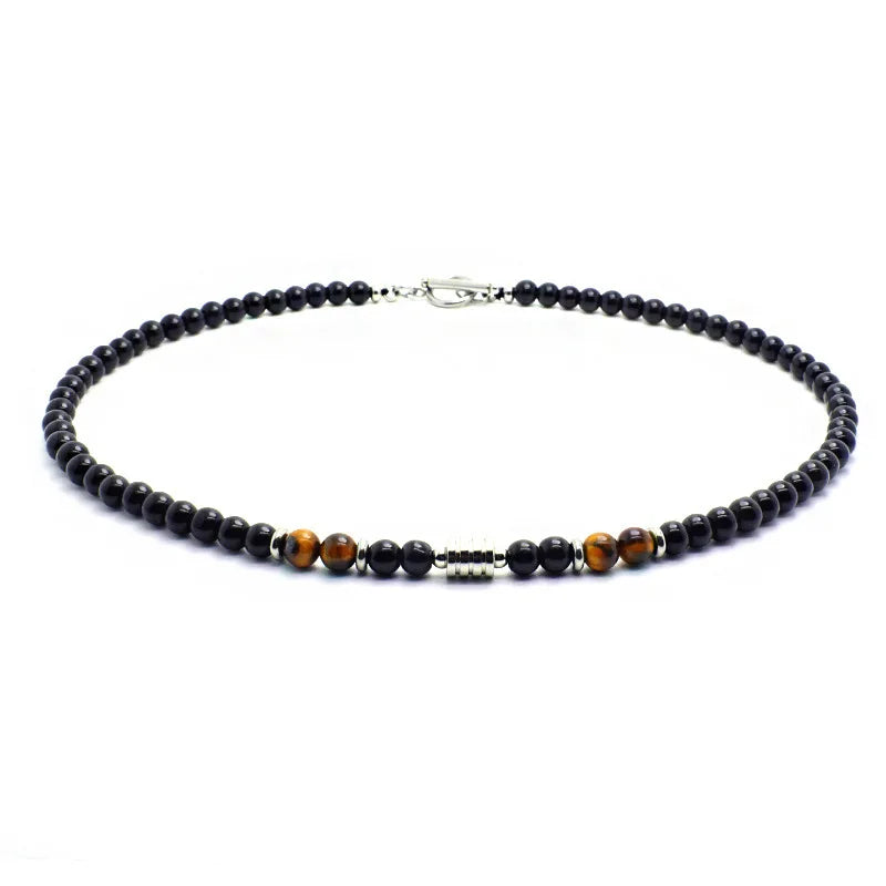 Mens Stone Necklace with Stainless Steel & Tiger Eye