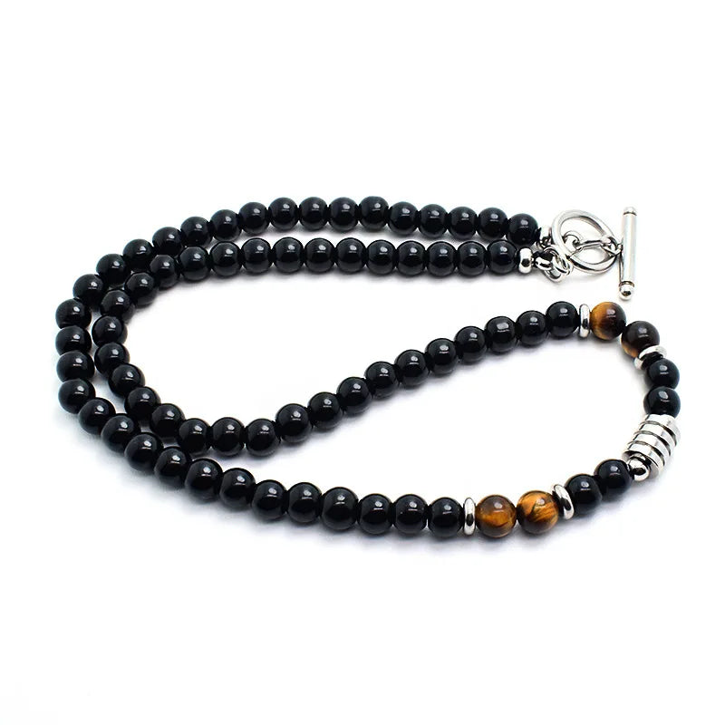 Mens Stone Necklace with Stainless Steel & Tiger Eye