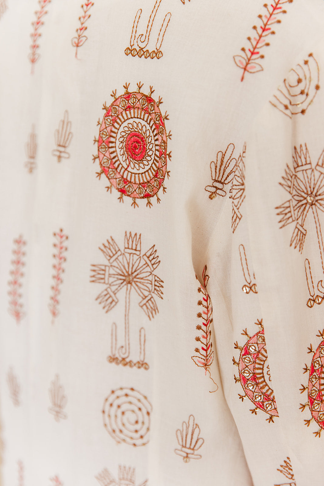Embroidered fabric with intricate patterns on a white background