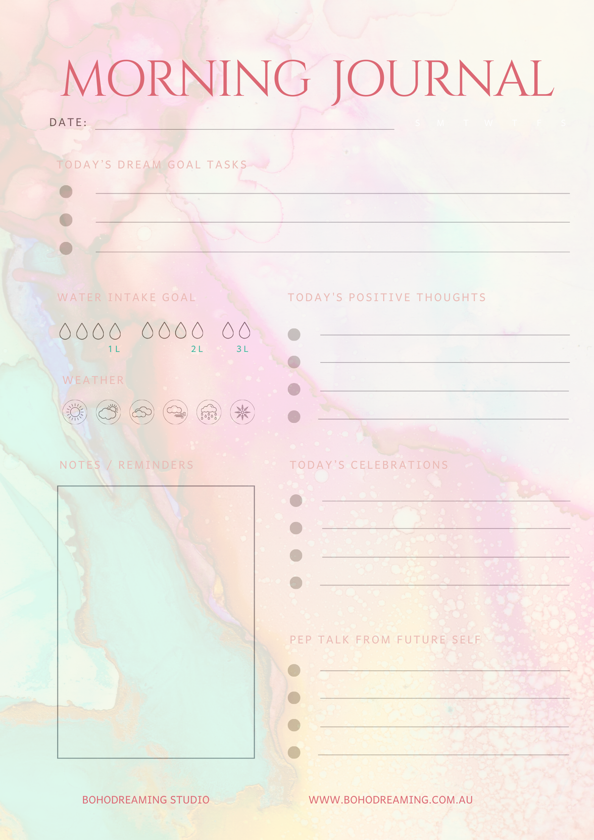 Morning journal template with a pastel abstract design and text fields.