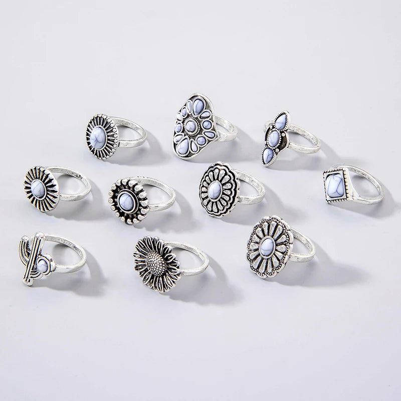 Jewellery - Boho Stone Flowers 10pc Ring Sets - New