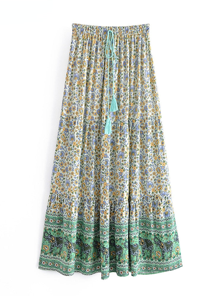 CORFU Bohemian Green Floral Print Skirt