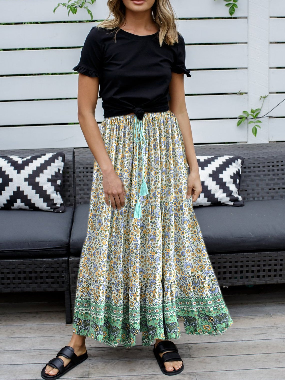 Bohemian Green Floral Print Skirt