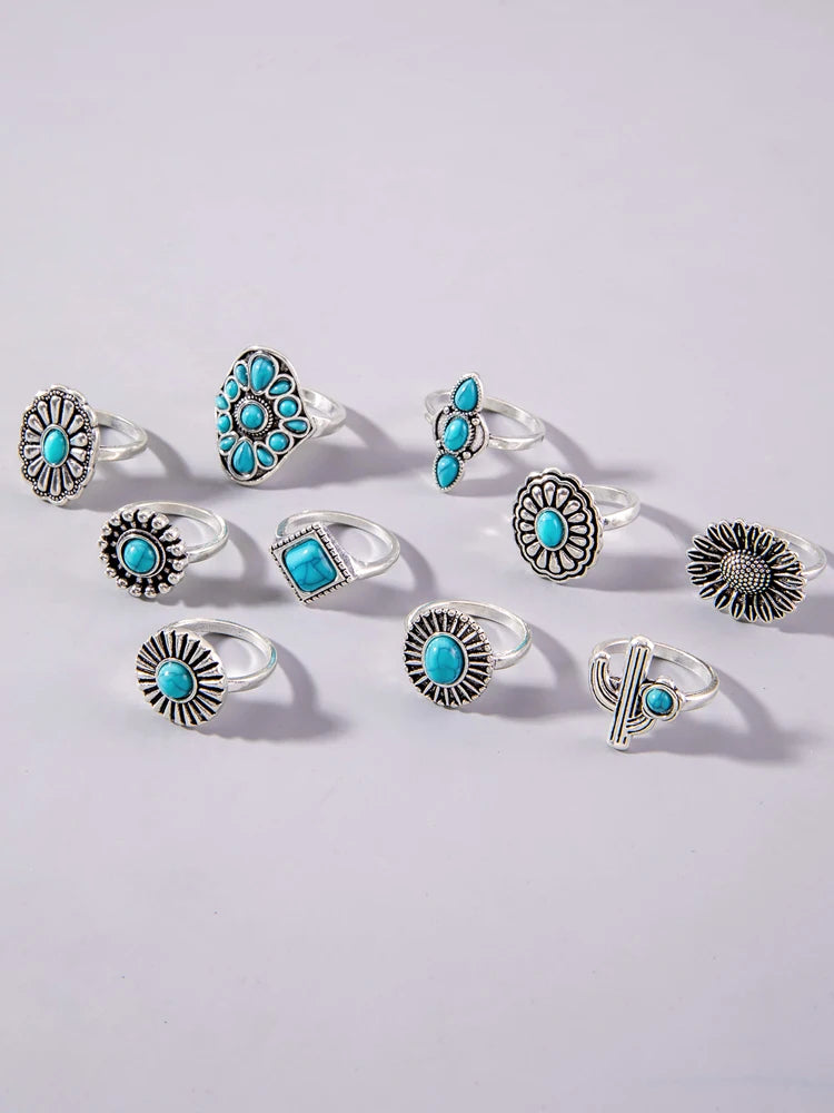 Jewellery - Boho Stone Flowers 10pc Ring Sets - New