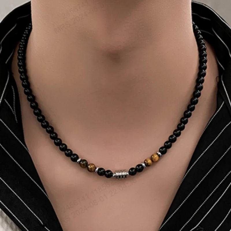 Mens Stone Necklace with Stainless Steel & Tiger Eye