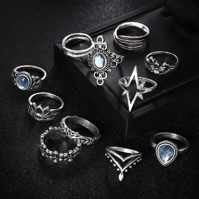 Jewellery - 11Pcs/Set Retro Sapphire Flowers Finger Ring Set - New