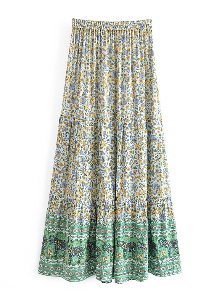 CORFU Bohemian Green Floral Print Skirt