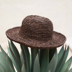 Brown woven hat on a plant with a neutral background