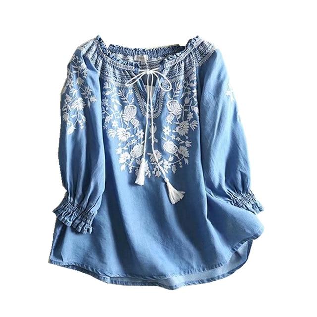 CONTESSA Floral embroidery Denim Blouse - BohoDreaming