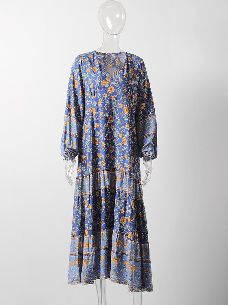 CYCLADES Blue Floral Printed Boho Maxi Dress - BohoDreaming