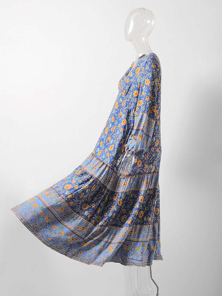 CYCLADES Blue Floral Printed Boho Maxi Dress - BohoDreaming