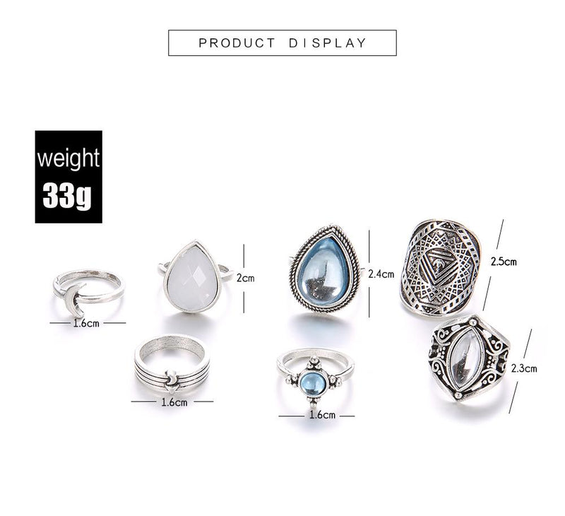 Jewellery - 7PCS/SET Bohemian Antique Big Opal Crystal Rings Set - BohoDreaming