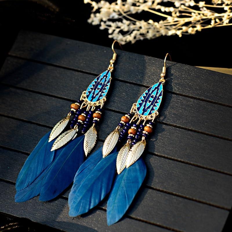 Cyan Blue Feather Earrings