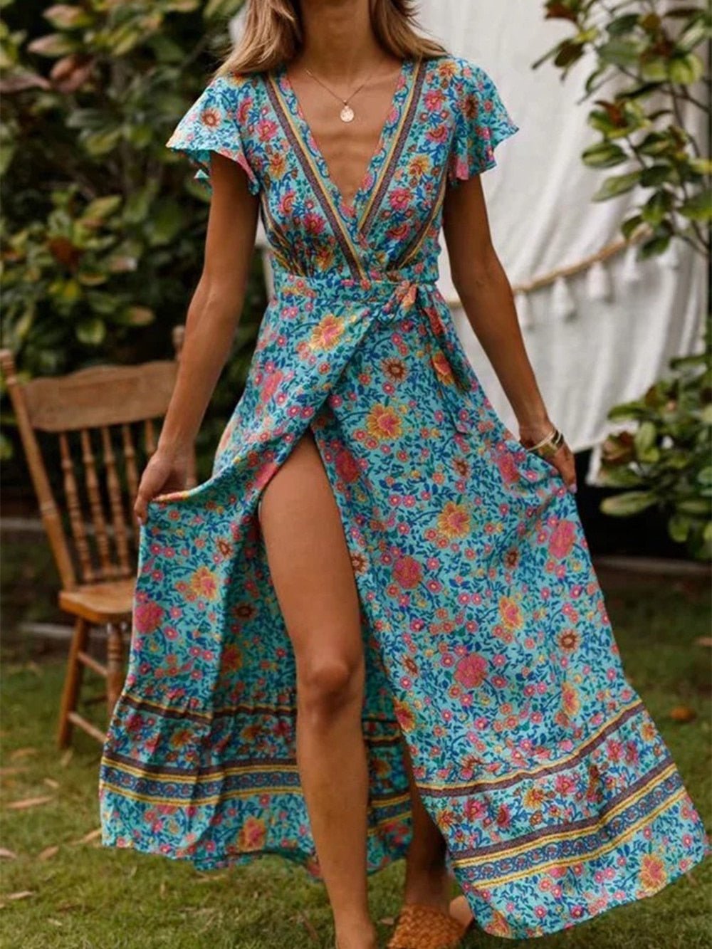 NATASHA Bohemian Floral Summer Wrap Dress - BohoDreaming